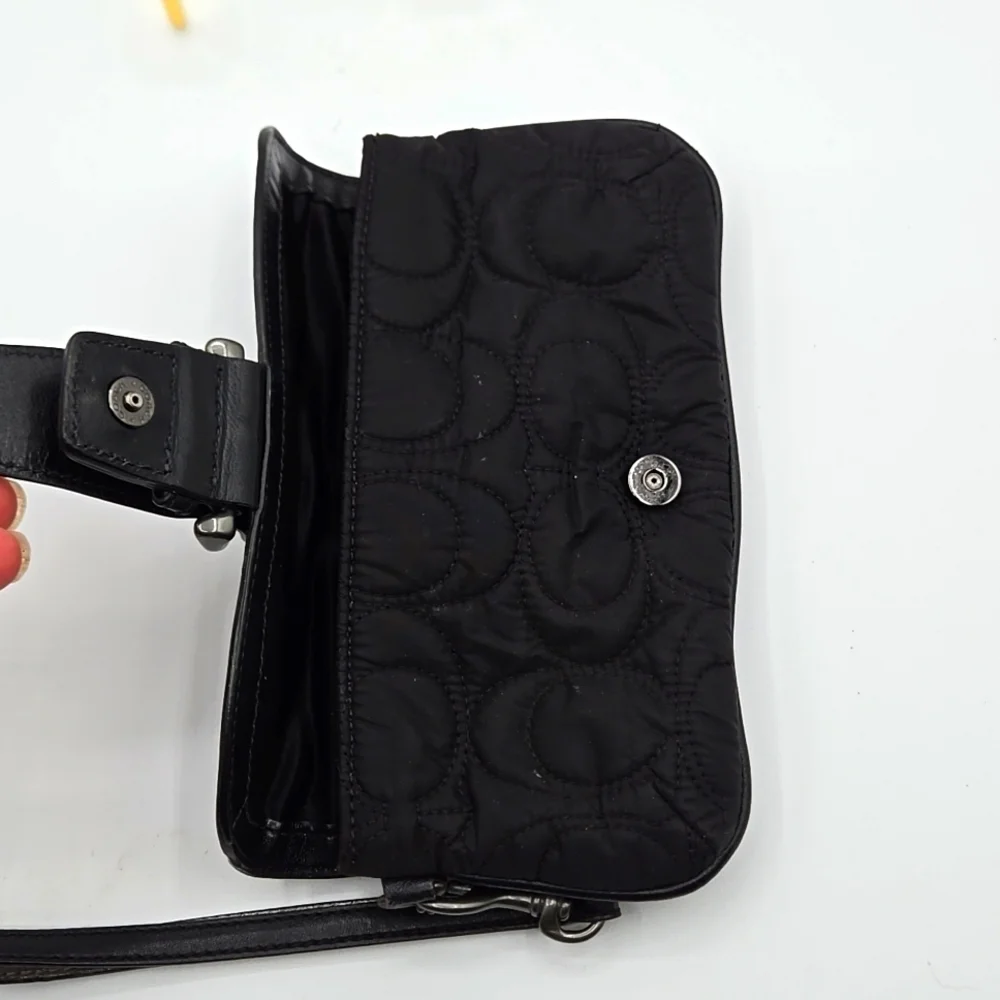 COACH Wristlet Puffer Black Material w/ Signature C Print Chrome Belt Closure
